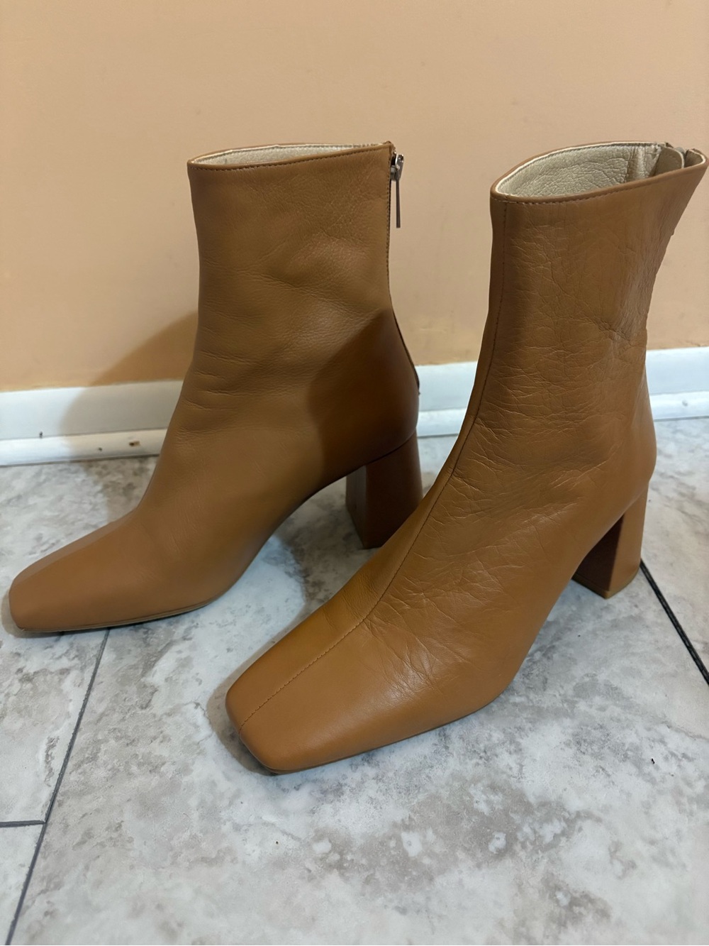 Intentionally Blank Tan Leather Square-Toe Ankle Boots